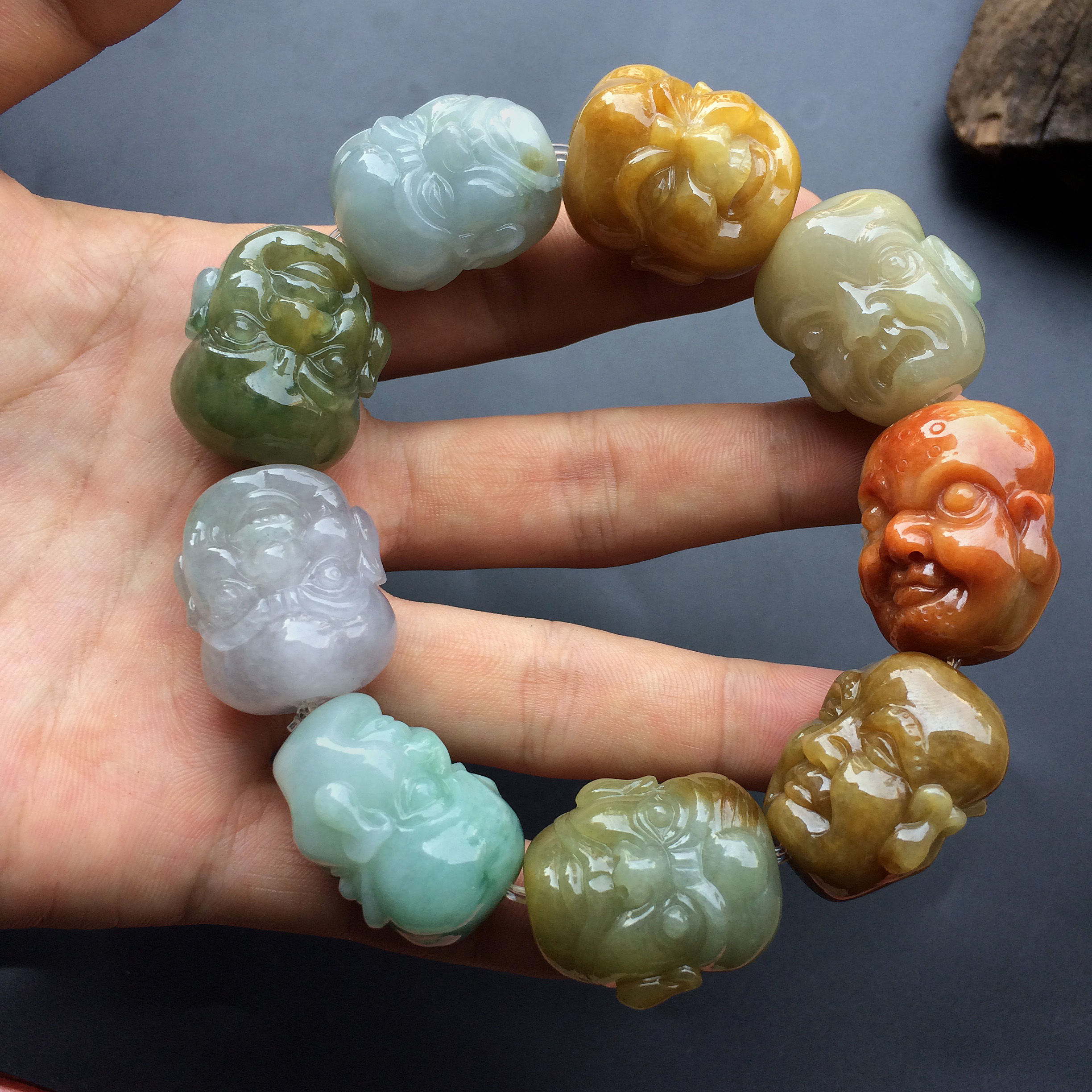 糯冰种三彩罗汉头手链