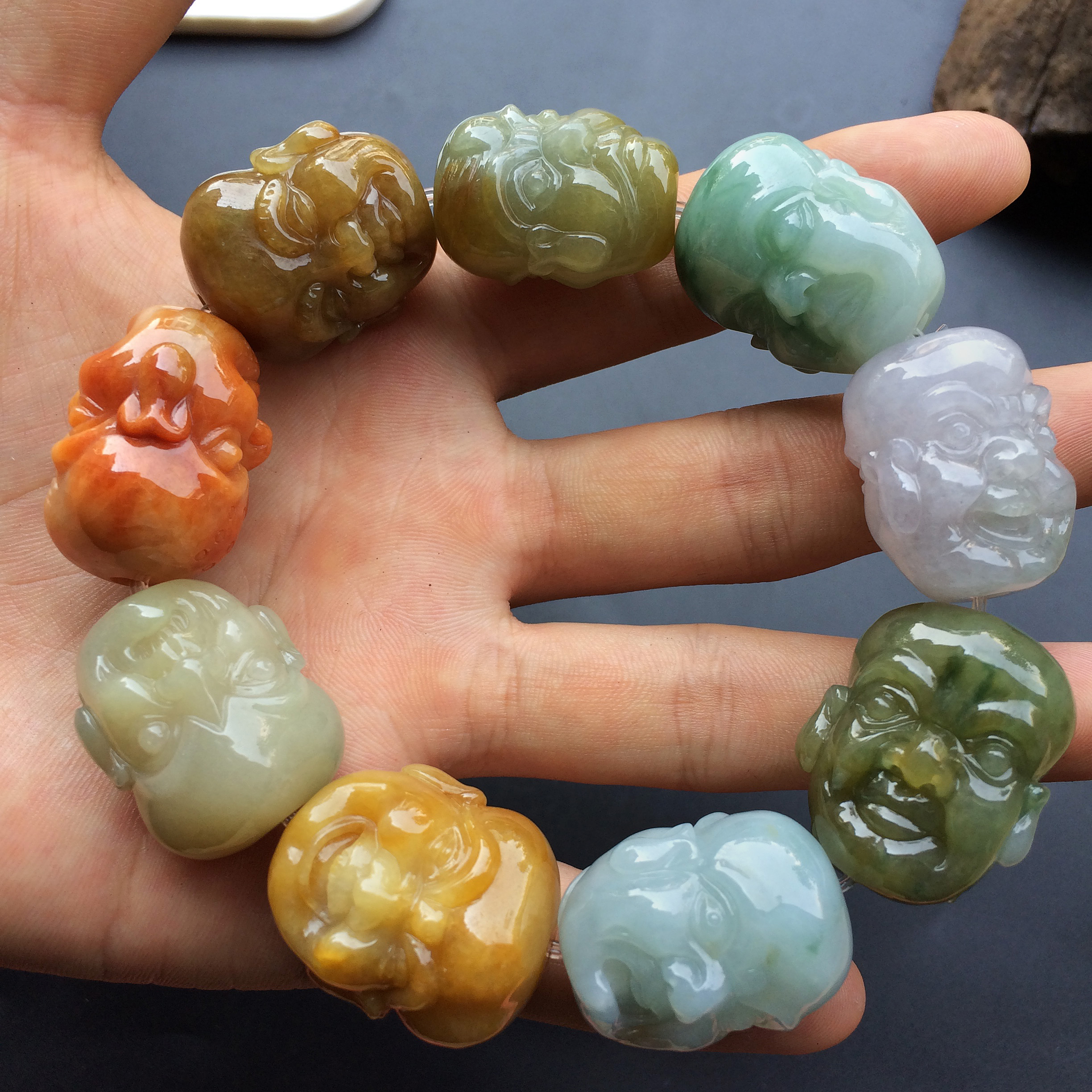 糯冰种三彩罗汉头手链
