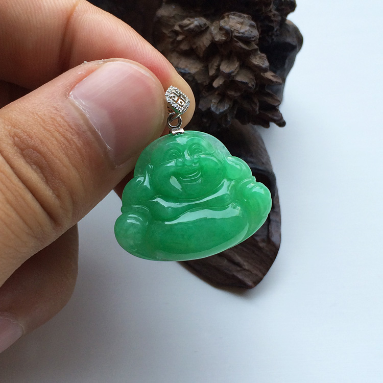 糯冰种翠色玉佛挂件