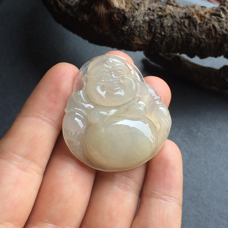 糯冰种淡黄翡玉佛挂件