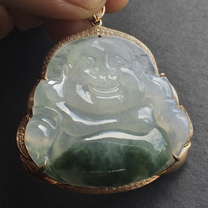 糯冰种飘花镶玫瑰金钻石玉佛胸坠