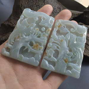 糯冰种飘黄翡龙凤牌挂件（一对)