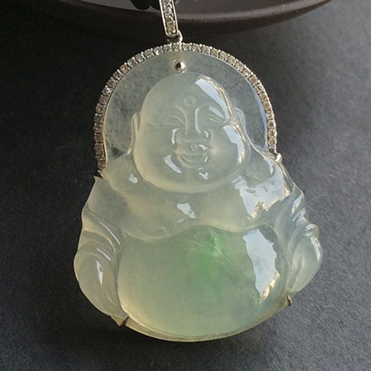 冰种略飘翠镶白金钻石玉佛胸坠