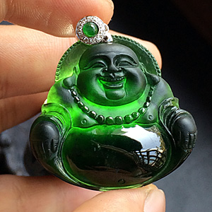 冰玻种墨翠玉佛挂件(金扣)