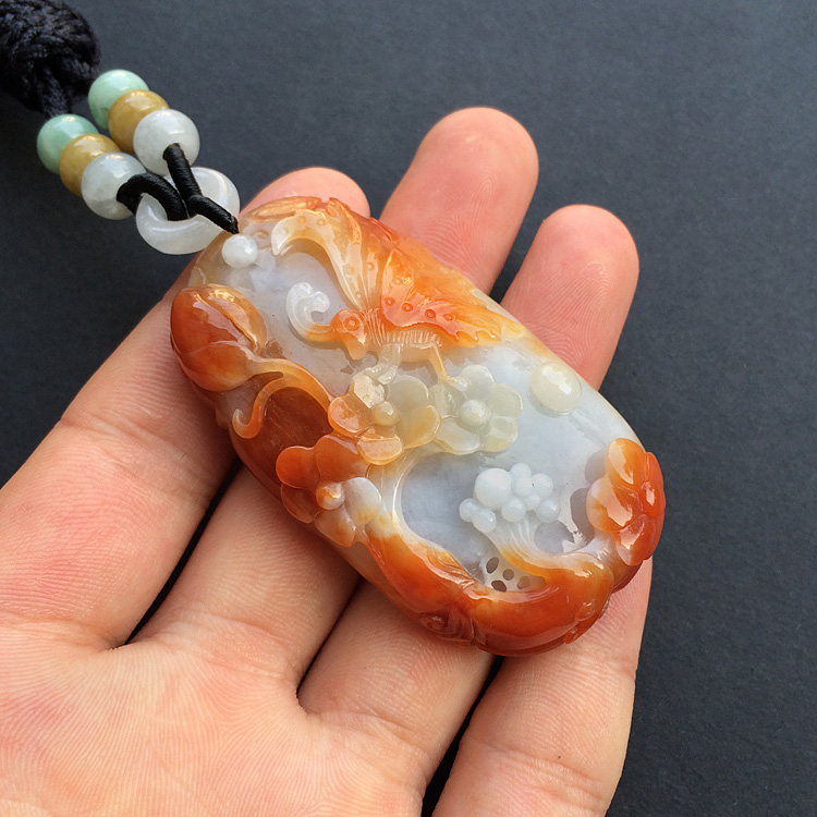 糯冰种红黄翡蝶恋花挂件