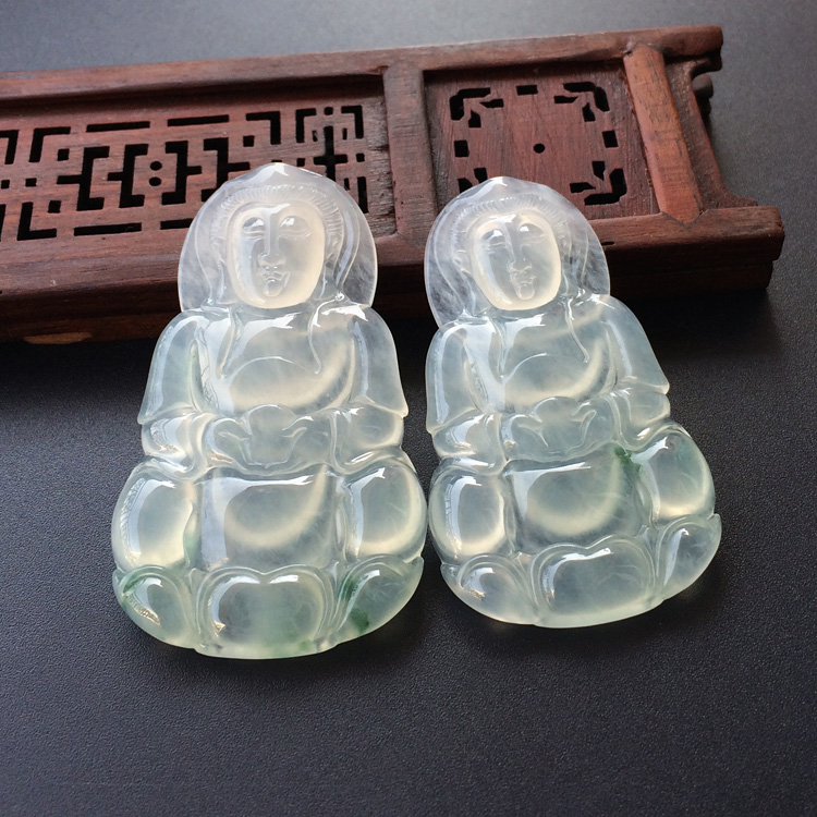 (超值推荐)冰种略飘花观音挂件（一对）