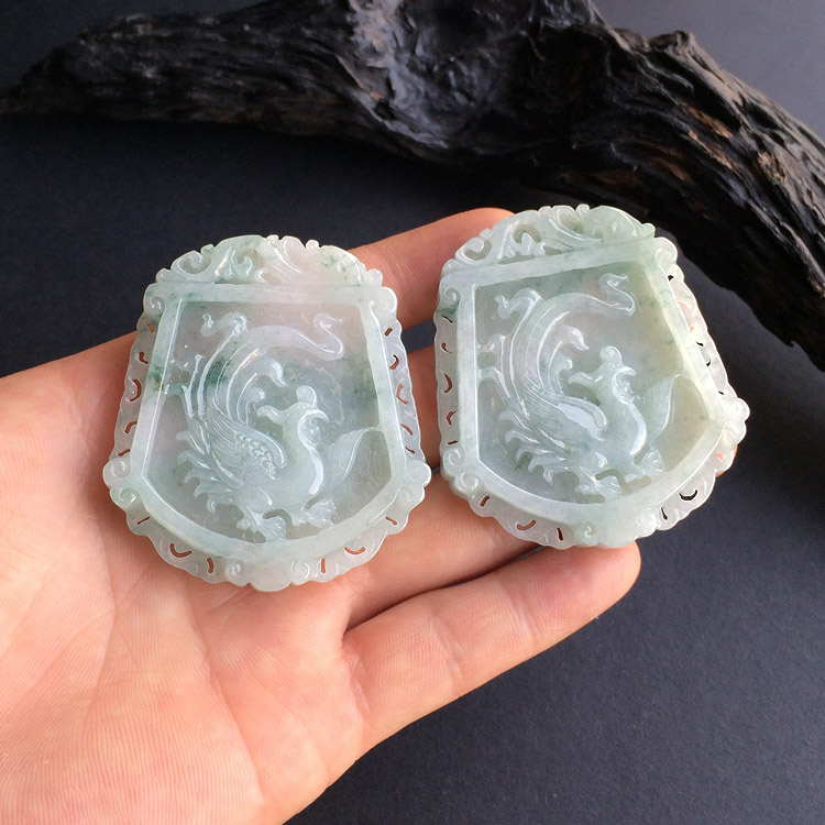 糯冰种飘花仿古龙凤牌挂件(一对)