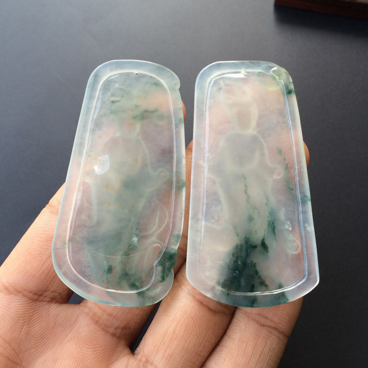 (超值推荐)冰种飘花略带黄翡站观音挂件(一对)