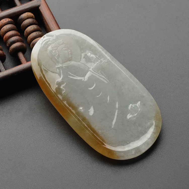 (超值推荐)冰种晴水略带黄翡莲花观音挂件