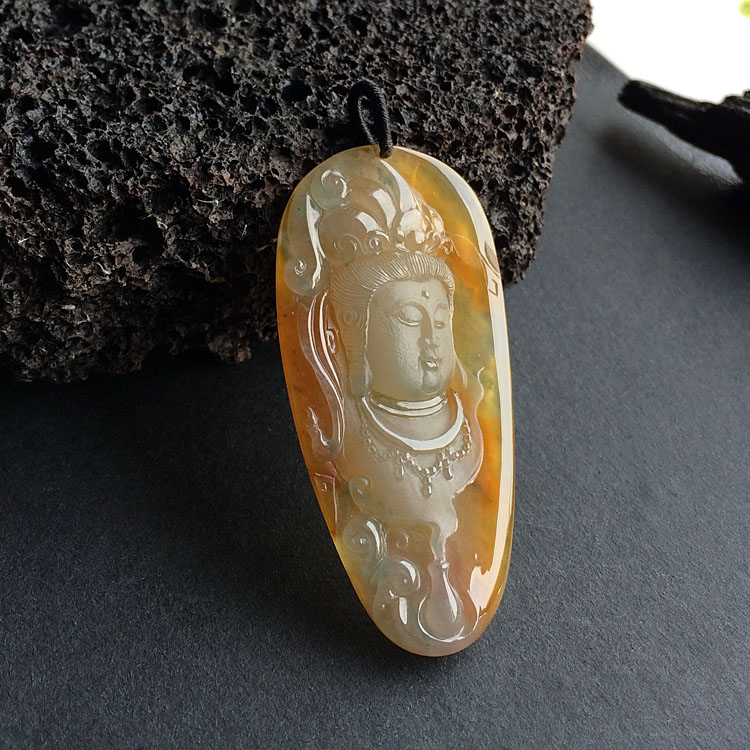 冰种黄翡飘花观音头挂件