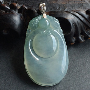 糯冰种晴水双龙如意挂件（金扣）