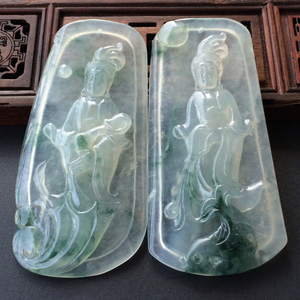 (超值推荐)冰种飘花略带黄翡站观音挂件(一对)