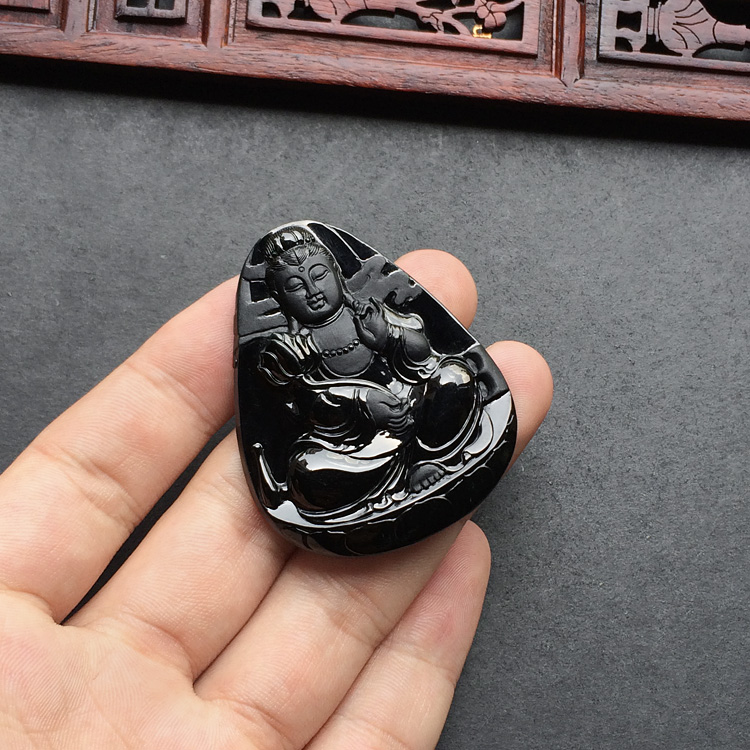 冰种墨翠大势至菩萨挂件