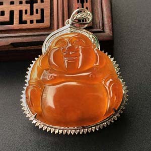 (超值推荐)冰种褐黄翡镶白金钻石玉佛胸坠