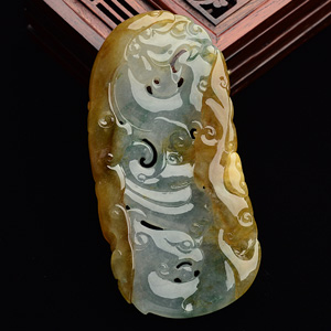 冰种褐黄翡飘花仿古龙凤牌