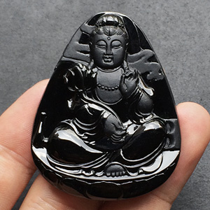 冰种墨翠大势至菩萨挂件