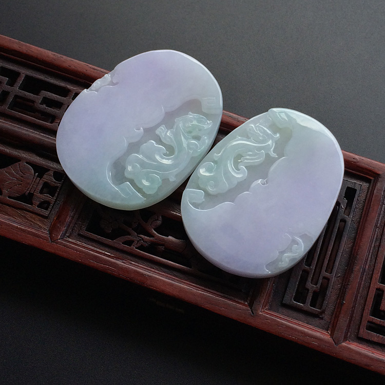 糯冰种晴水紫罗兰仿古龙凤牌挂件(一对)