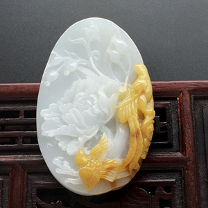 糯冰种黄翡花开富贵挂件