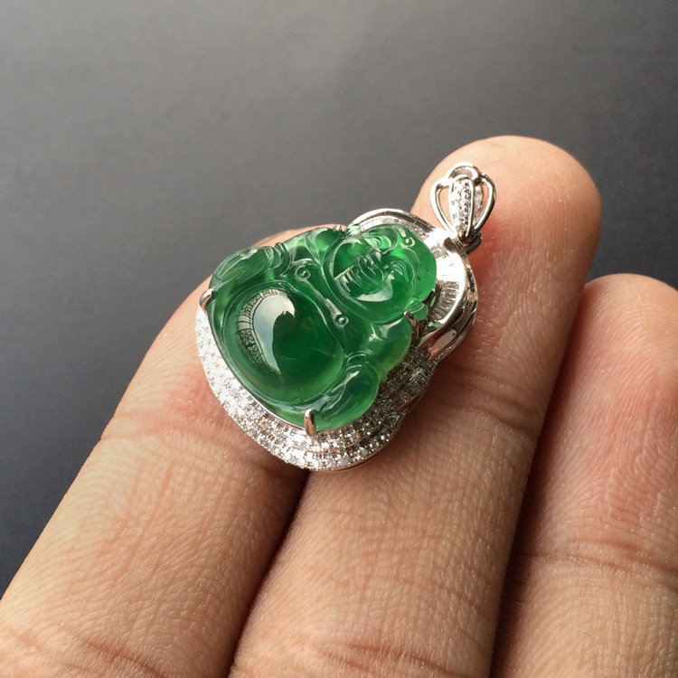 (超值推荐)冰种蓝水镶白金钻石玉佛胸坠