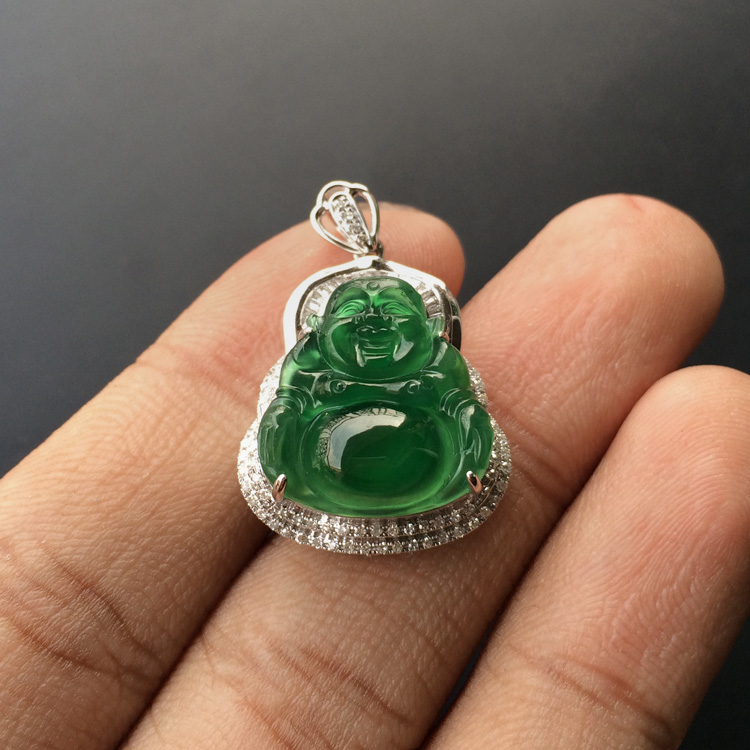 (超值推荐)冰种蓝水镶白金钻石玉佛胸坠