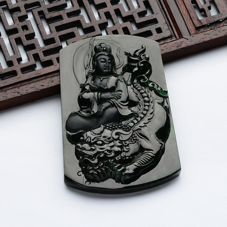 (超值推荐)冰玻种蓝水文殊菩萨挂件(李牧祥大师作品)