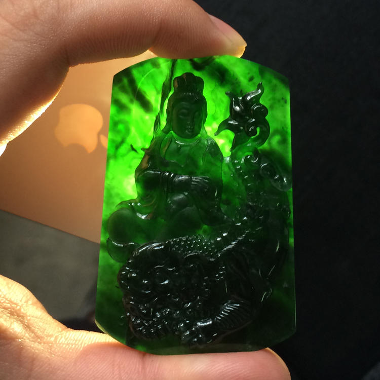 (超值推荐)冰玻种蓝水文殊菩萨挂件(李牧祥大师作品)