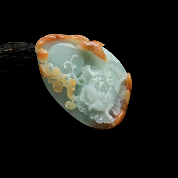 糯冰种晴水褐黄翡花开富贵挂件