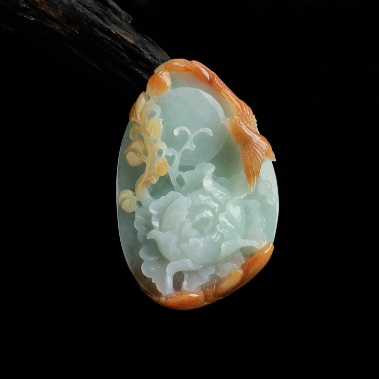 糯冰种晴水褐黄翡花开富贵挂件