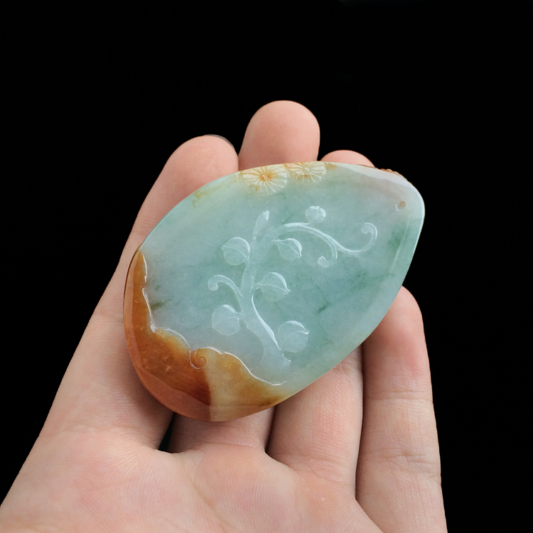 糯冰种晴水褐黄翡花开富贵挂件