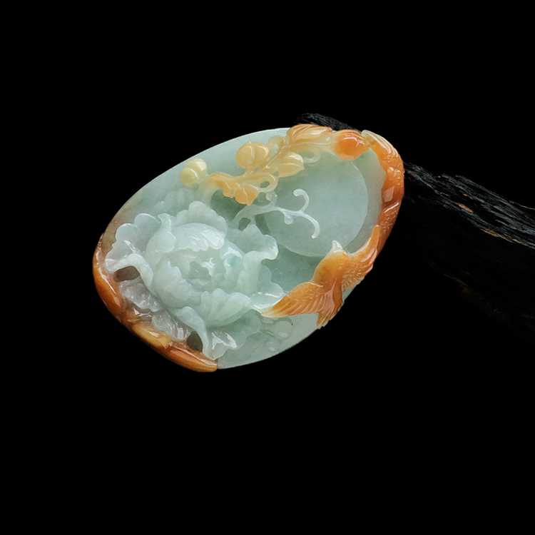 糯冰种晴水褐黄翡花开富贵挂件