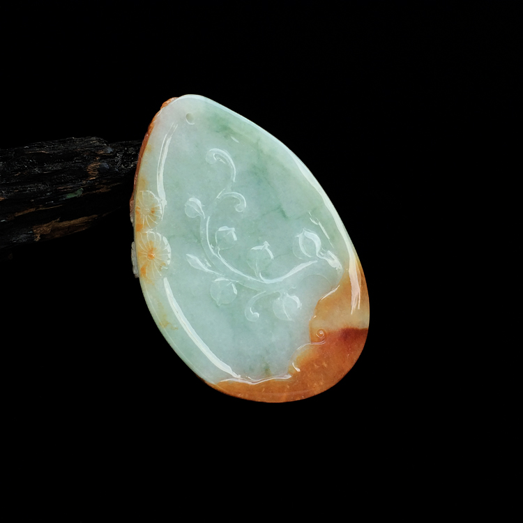 糯冰种晴水褐黄翡花开富贵挂件