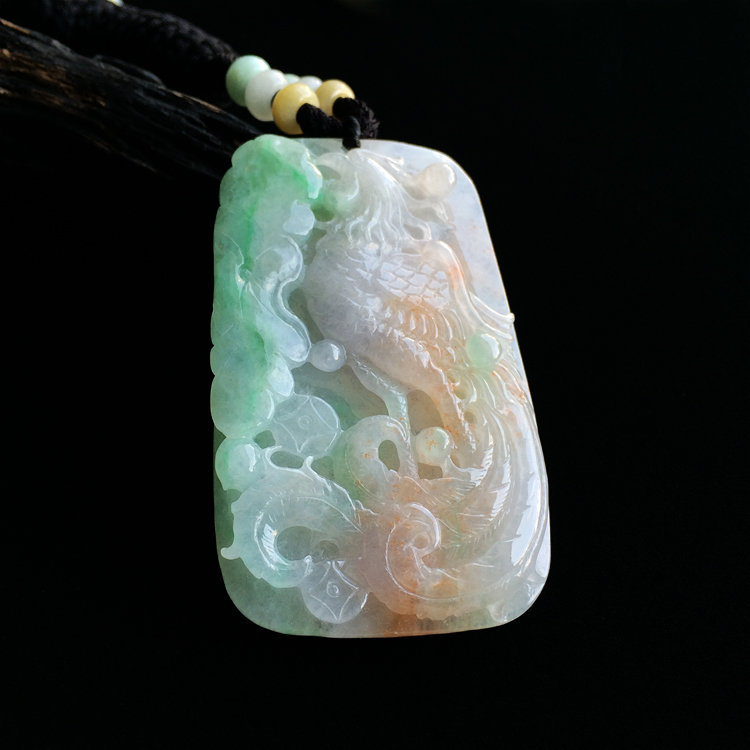 糯冰种三彩龙凤牌挂件（一对）