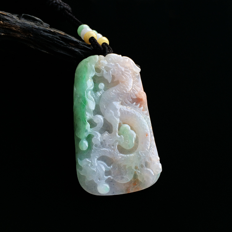 糯冰种三彩龙凤牌挂件（一对）