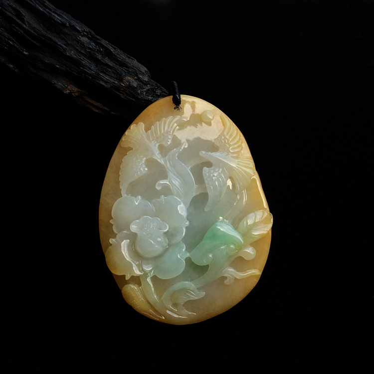 糯冰种黄翡飘花鸟语花香挂件