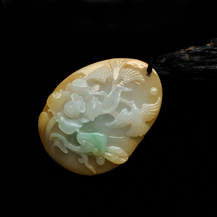 糯冰种黄翡飘花鸟语花香挂件