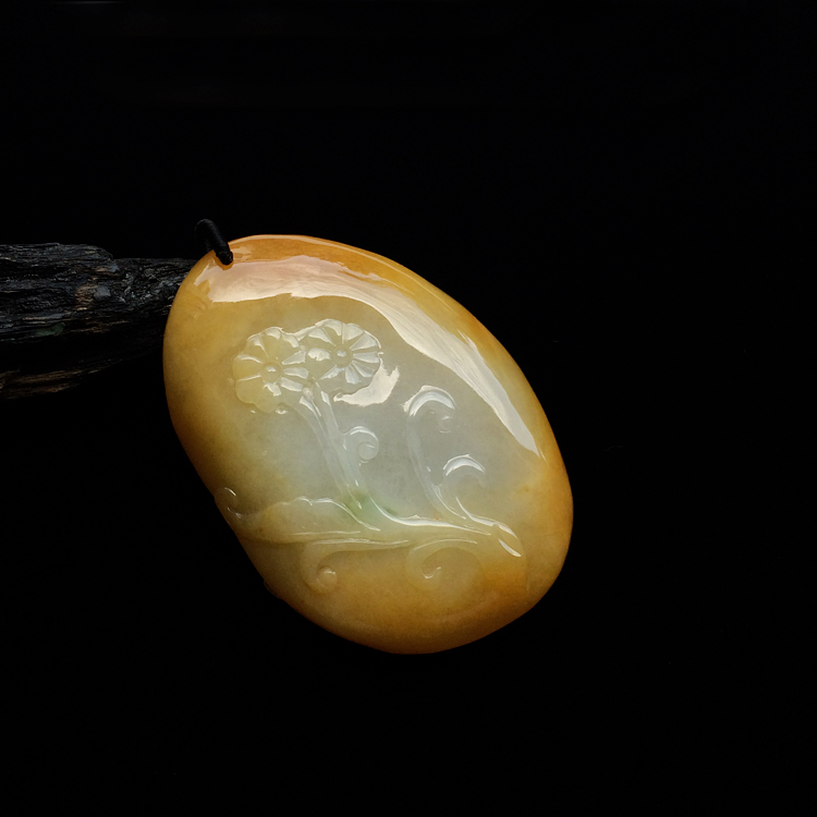 糯冰种黄翡飘花鸟语花香挂件