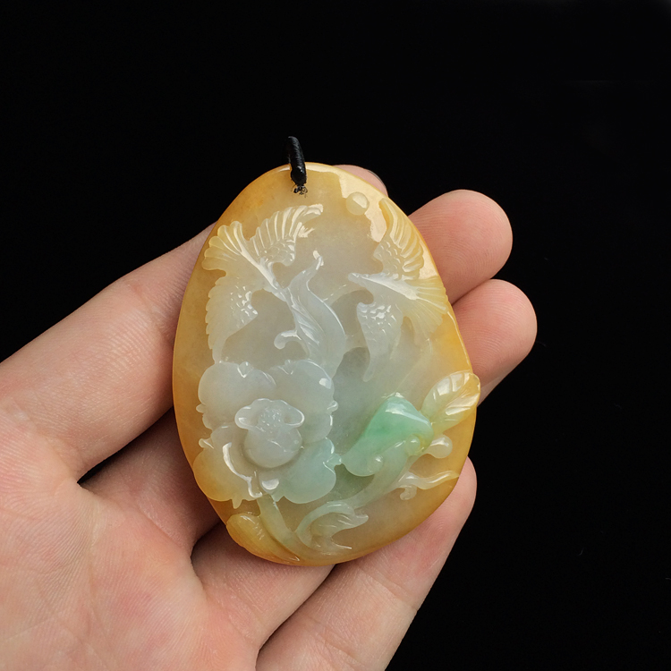 糯冰种黄翡飘花鸟语花香挂件