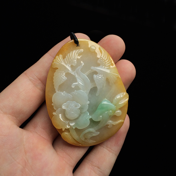 糯冰种黄翡飘花鸟语花香挂件