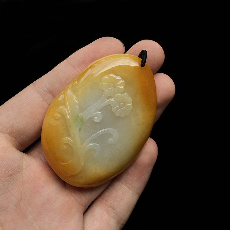 糯冰种黄翡飘花鸟语花香挂件