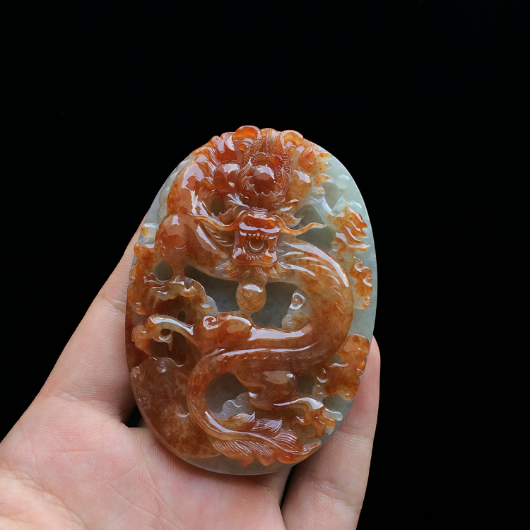 糯冰种褐黄翡龙牌挂件