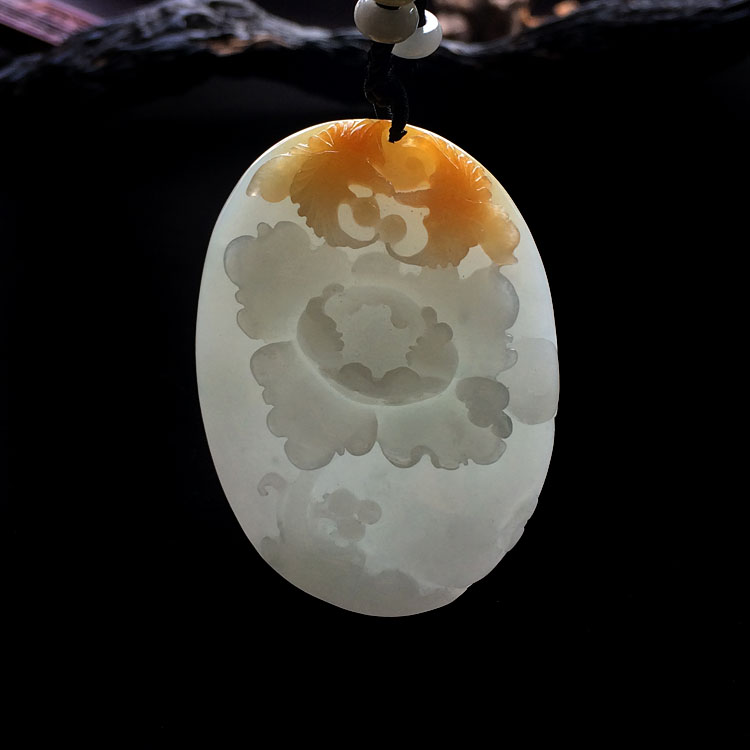 糯冰种黄翡花开富贵挂件