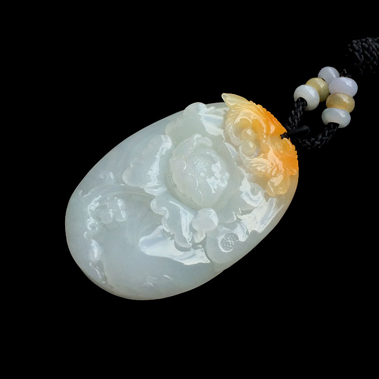 糯冰种黄翡花开富贵挂件
