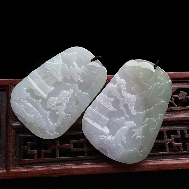 糯冰种晴水山水牌挂件(一对)