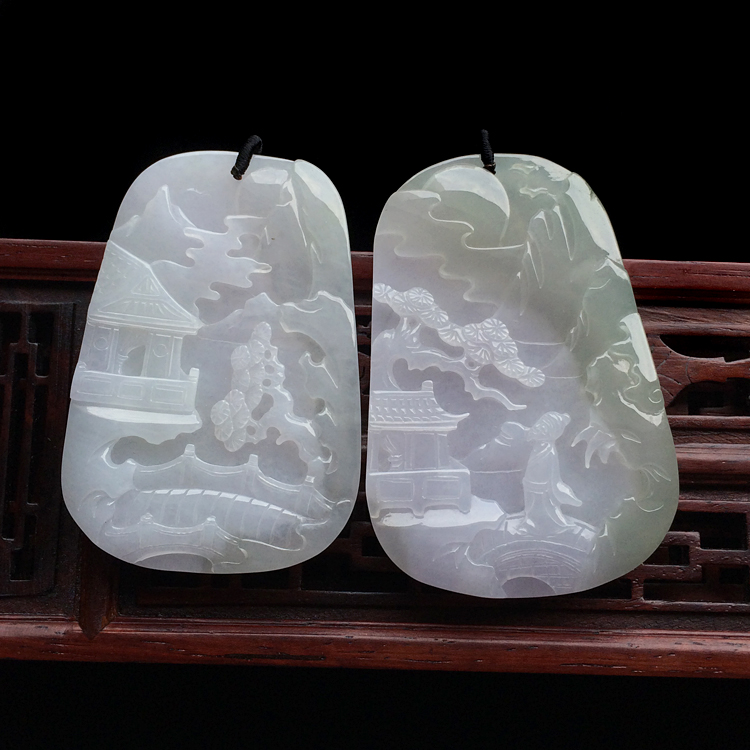 糯冰种晴水山水牌挂件(一对)