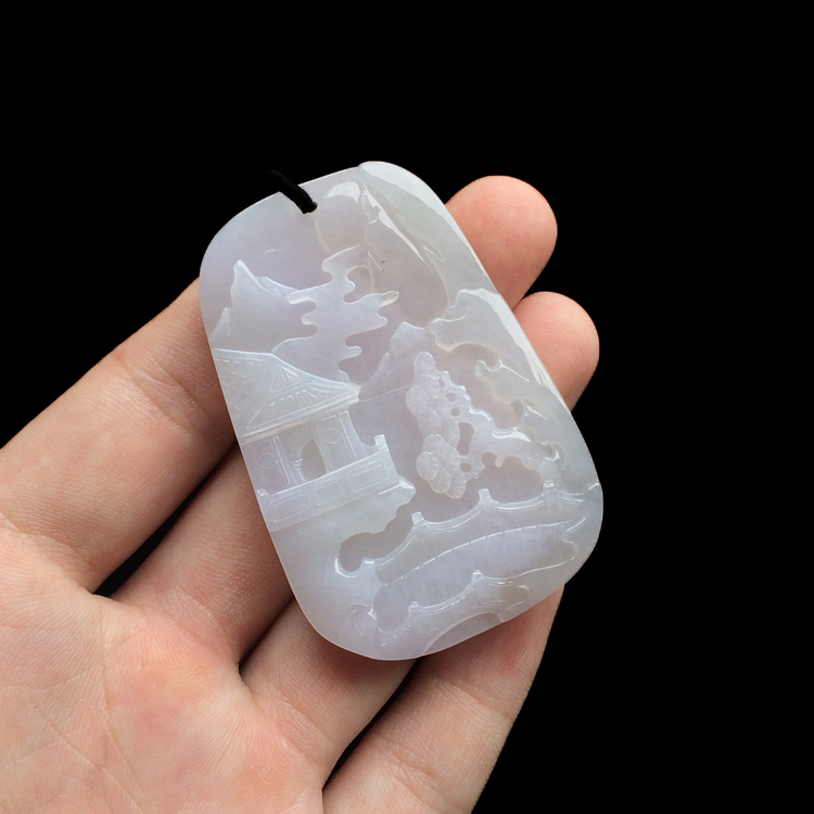 糯冰种晴水山水牌挂件(一对)