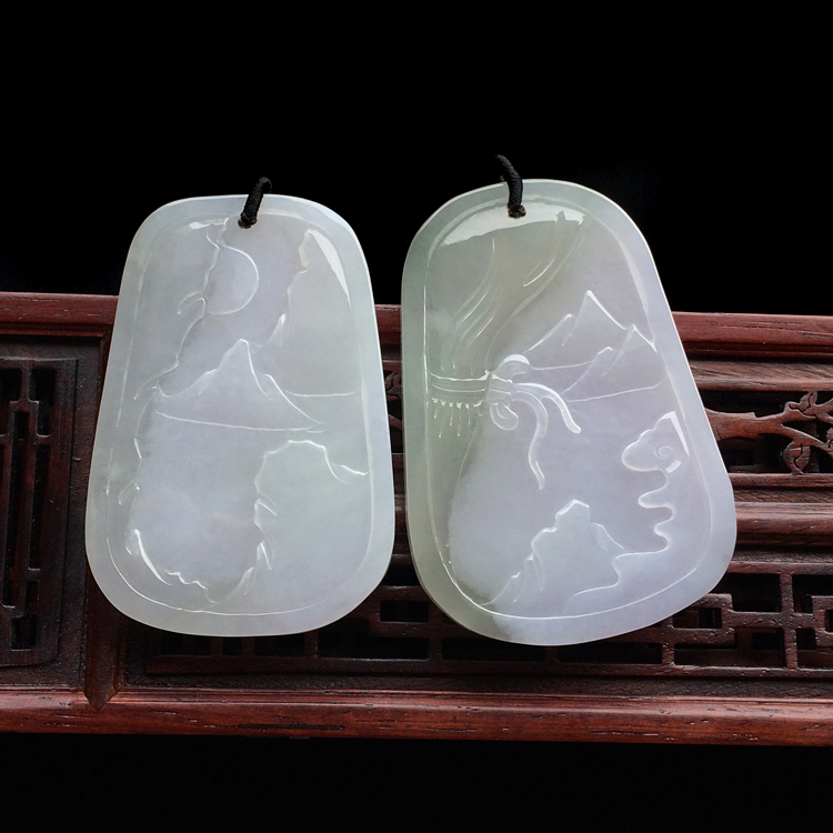 糯冰种晴水山水牌挂件(一对)