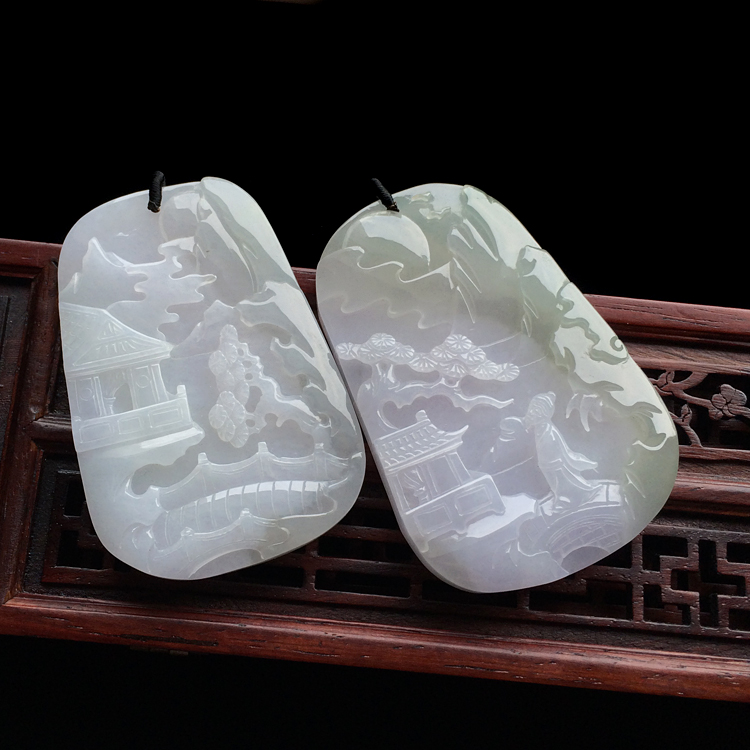糯冰种晴水山水牌挂件(一对)