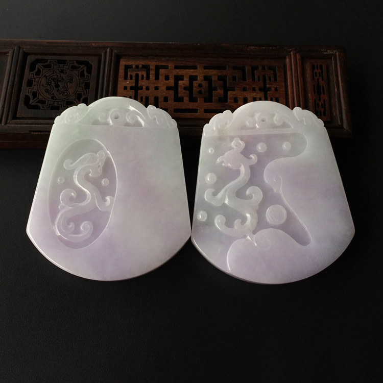 (超值推荐)糯冰种紫罗兰略飘花仿古龙凤牌挂件(一对)