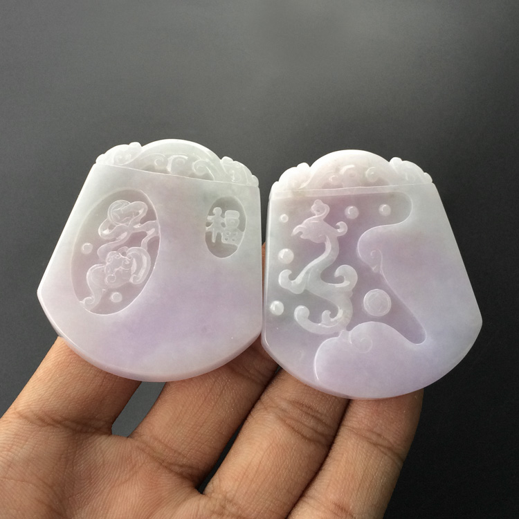 (超值推荐)糯冰种紫罗兰略飘花仿古龙凤牌挂件(一对)