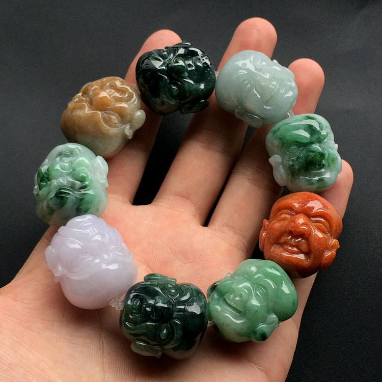 糯冰种三彩罗汉头手链